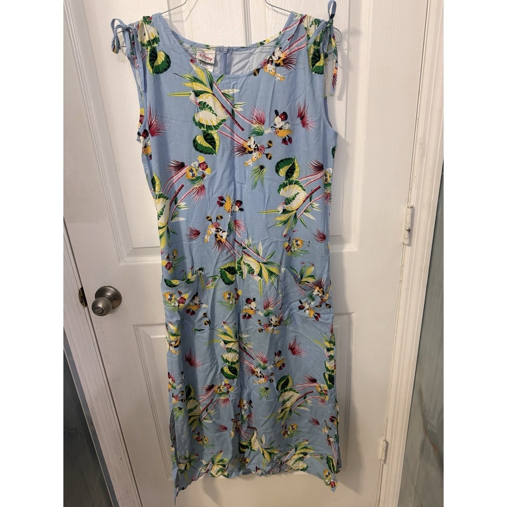 VTG 90s Disney Store M Sleeveless Maxi Dress Hawaiian Blue Mickey Minnie Tiki